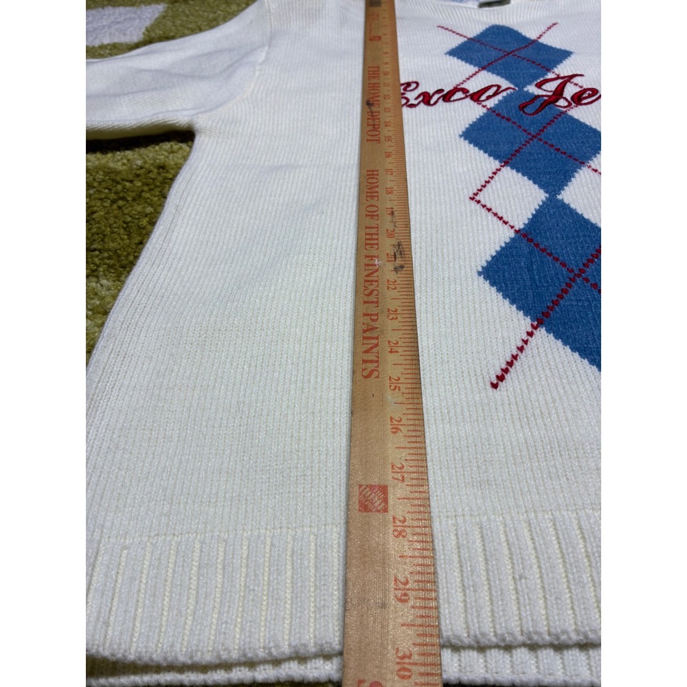 Vintage Exco Jeans Argyle Knit Sweater Off White Blue Red XL 280503 Streetwear - Picture 8 of 9